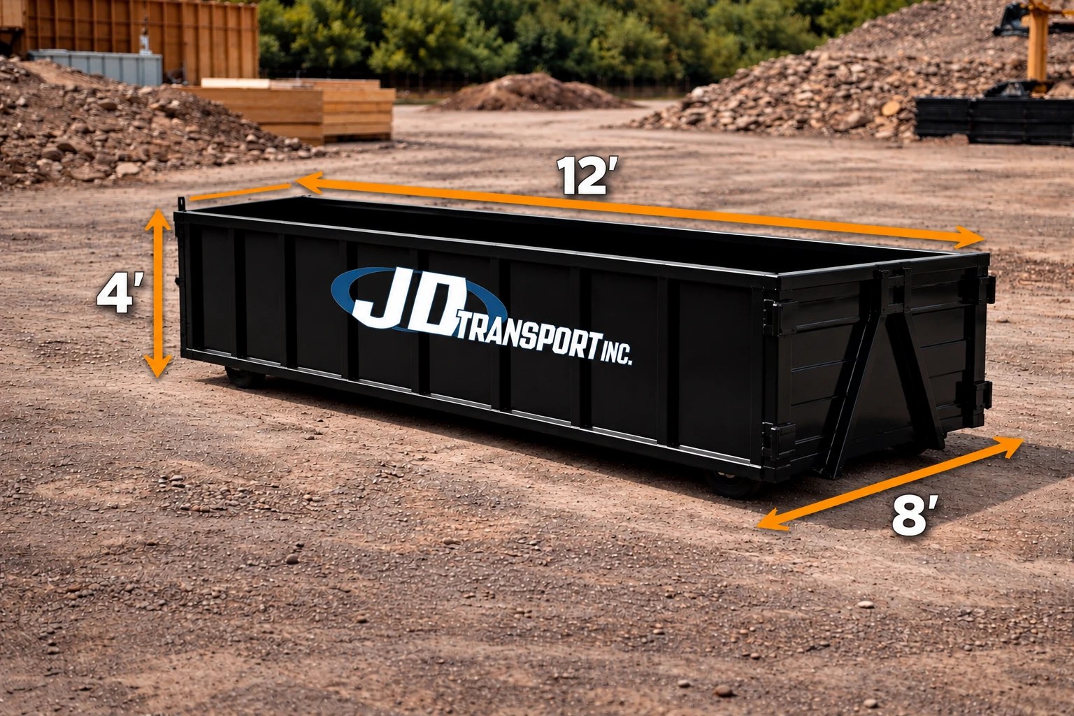 A JD Transport 10 yard roll-off lowboy with dimensions marked