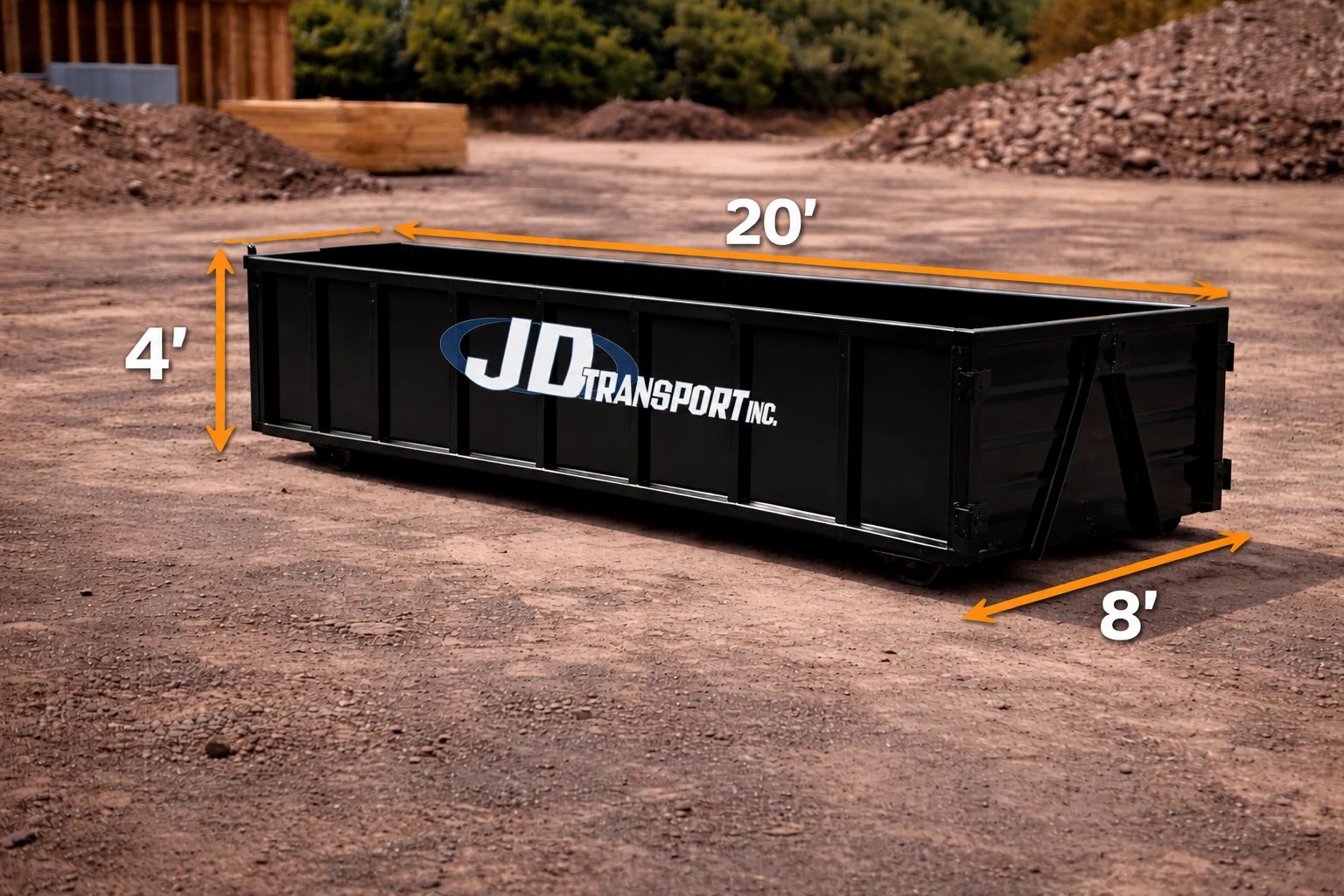 JD Transport 20 yard roll-off dumpster with dimensions marked: 20 feet long, 8 feet wide, 4 feet tall
