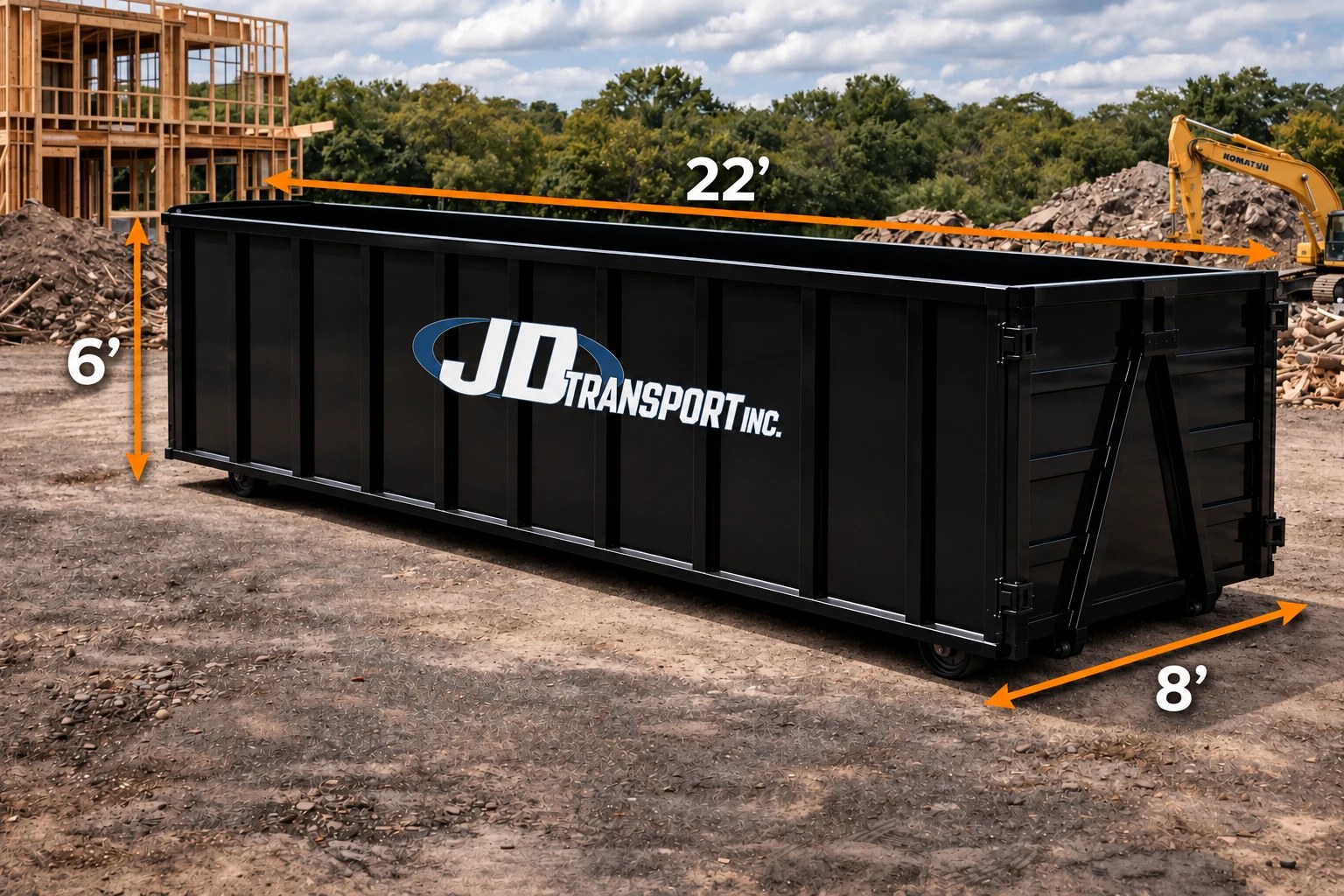 JD Transport 40 yard roll-off dumpster with dimensions marked: 22 feet long, 8 feet wide, 6 feet tall